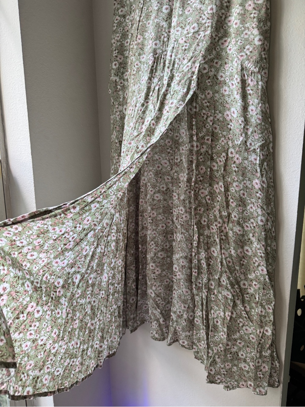 Altar'd State Sage Green Floral Tiered Maxi Skirt with Pink Blooms - Picture 2 of 5